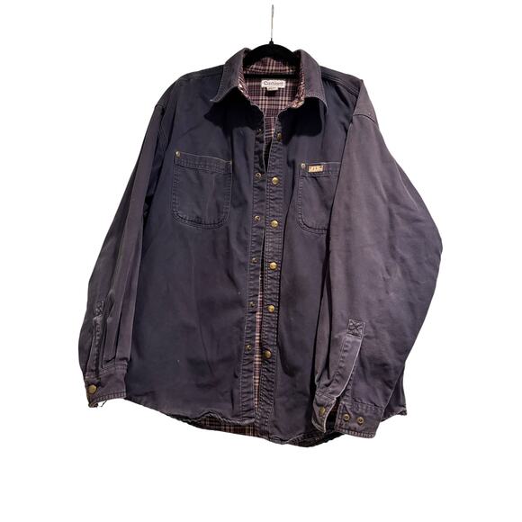 Carhartt Detroit Jacket Men's L Distressed Dark Blue Flannel Lined 100% Cotton - Picture 1 of 11